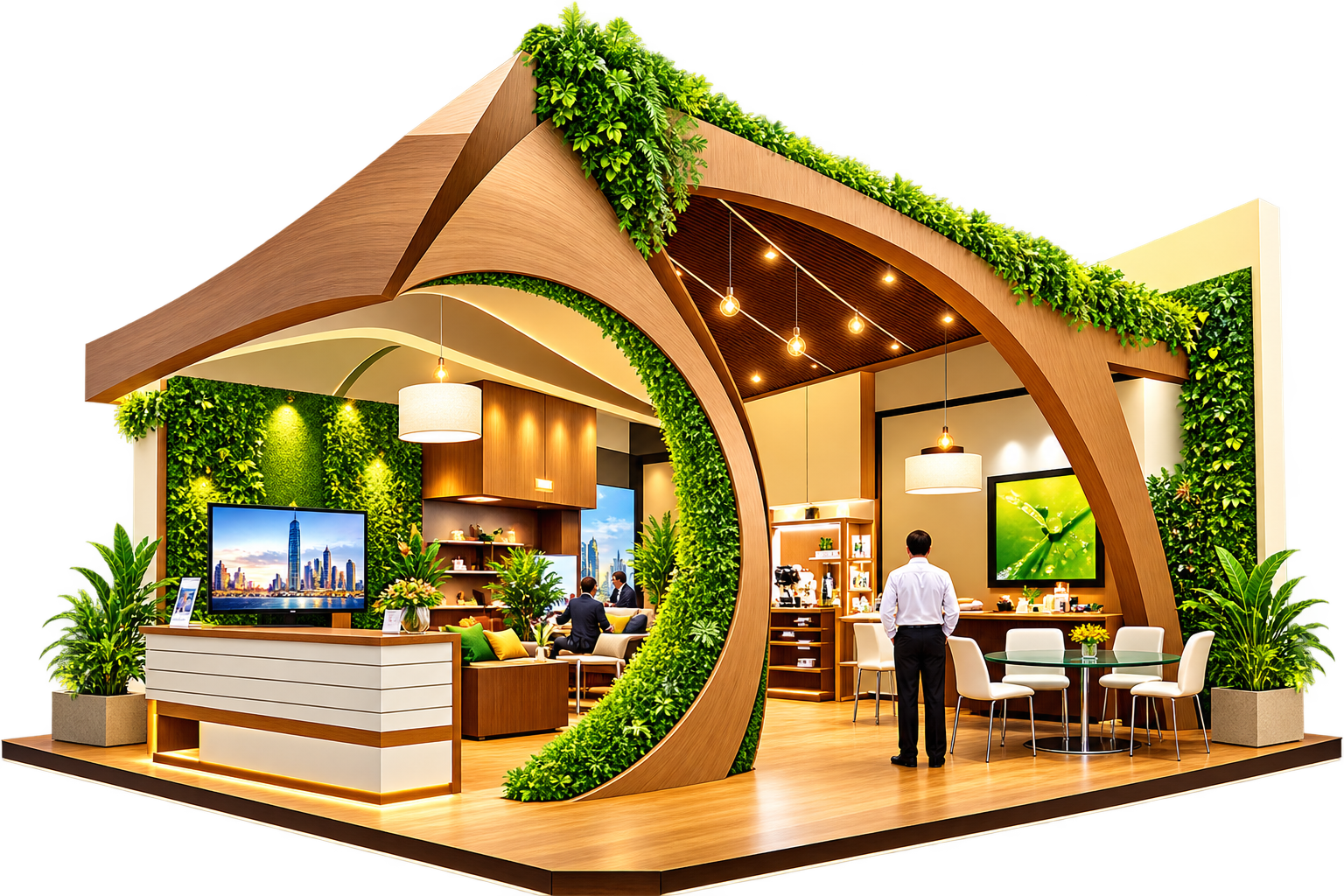 Sustainable exhibition stall with living green walls and curved wooden architecture