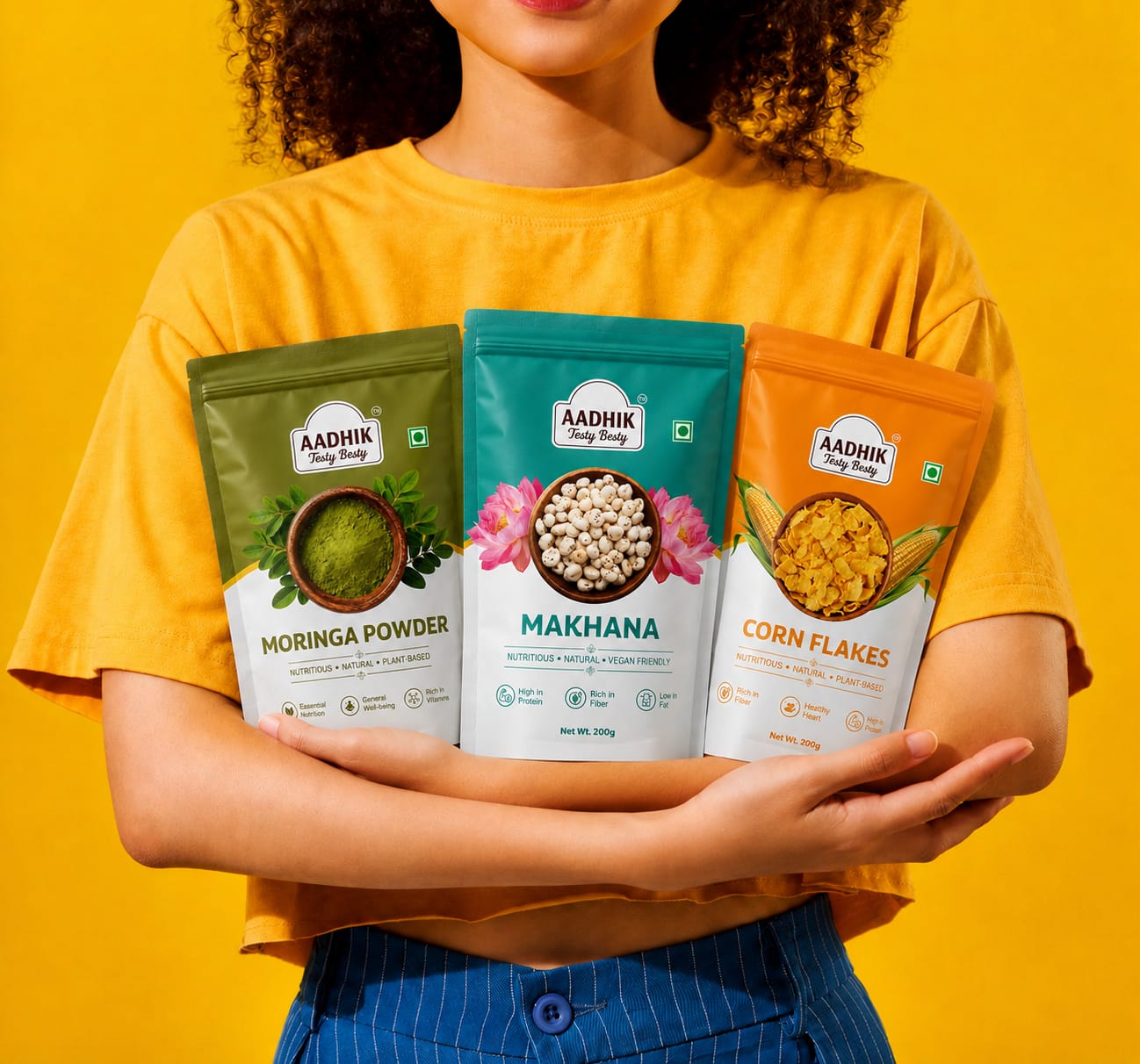 Aadhik — Makhana, corn flakes, moringa — one shelf language.